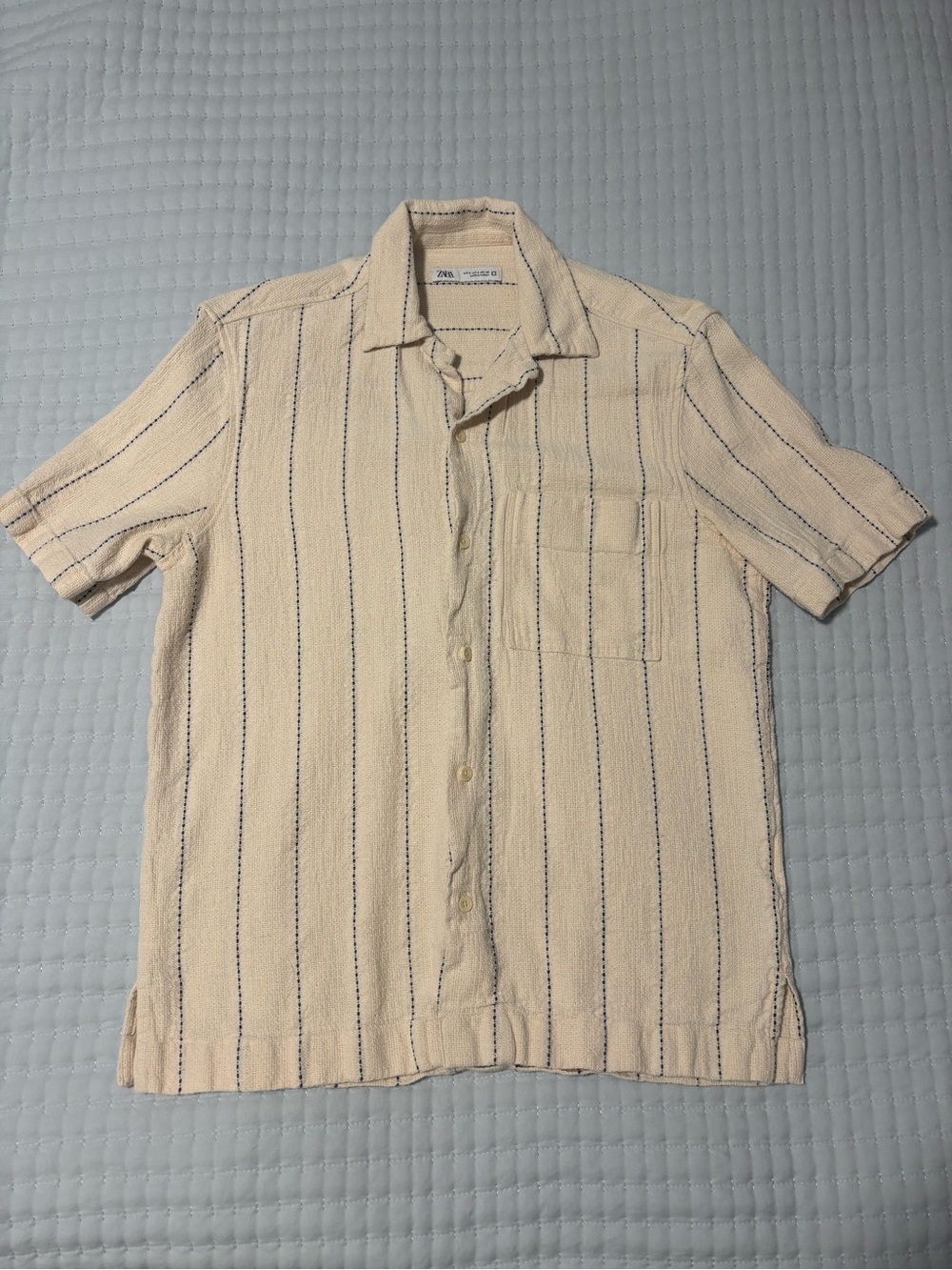 Zara Cream Short-Sleeve Button-Up with Thin Navy Stripes